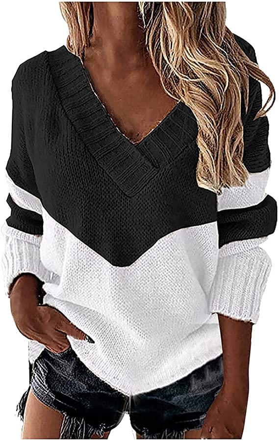 ❤️Womens V Neck Knit Long Sleeve Top Blouse Ladies Casual Loose Pullover Sweater